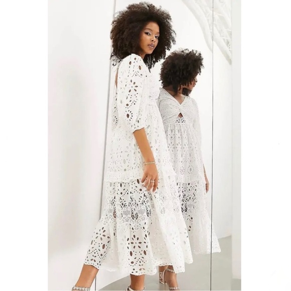 ASOS EDITION Twist Front Eyelet Lace Midi Dress White - Picture 3 of 11